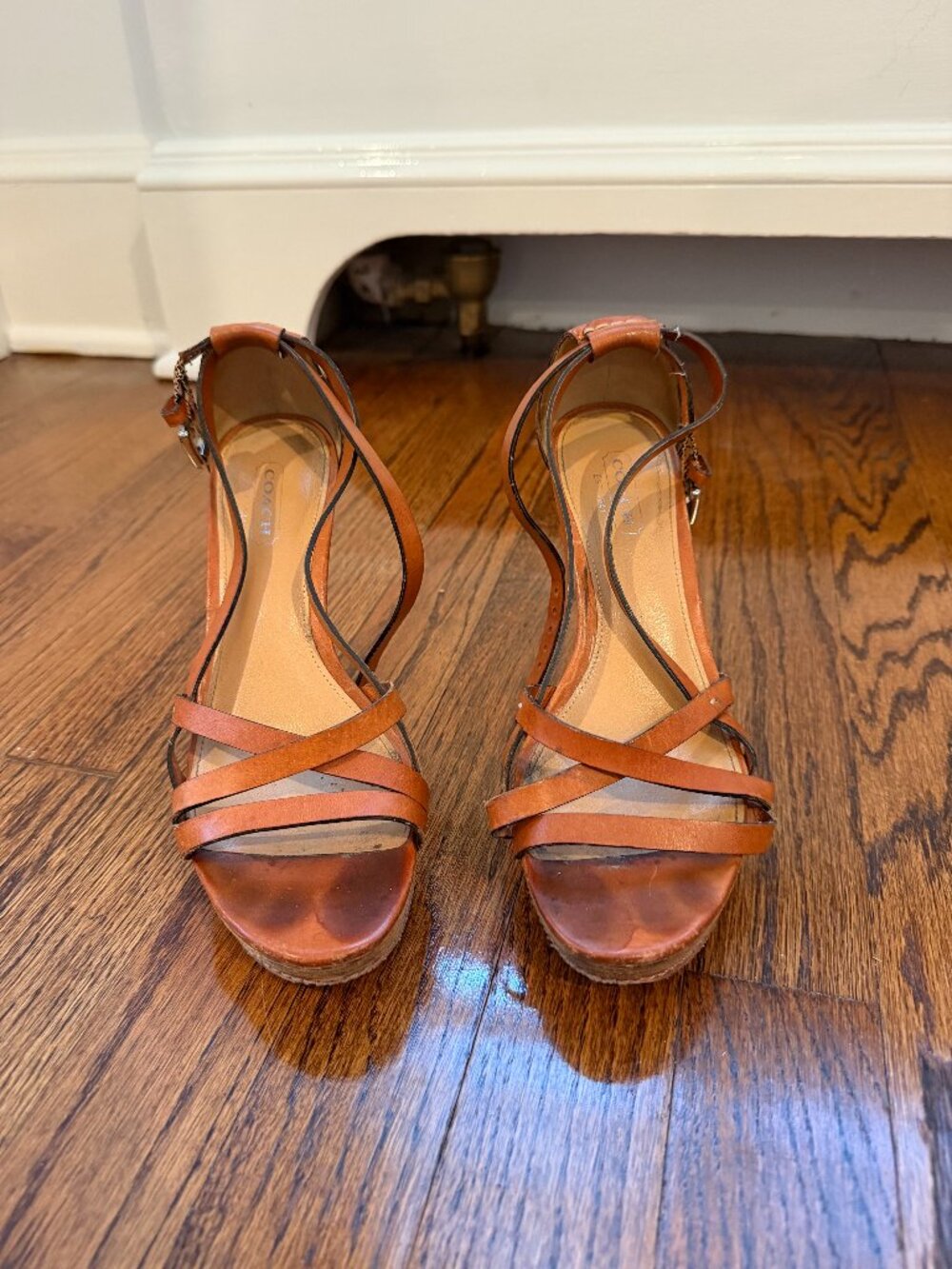 Coach Cognac Leather Strappy Stacked Wood Wedge Sandals Size 6.5